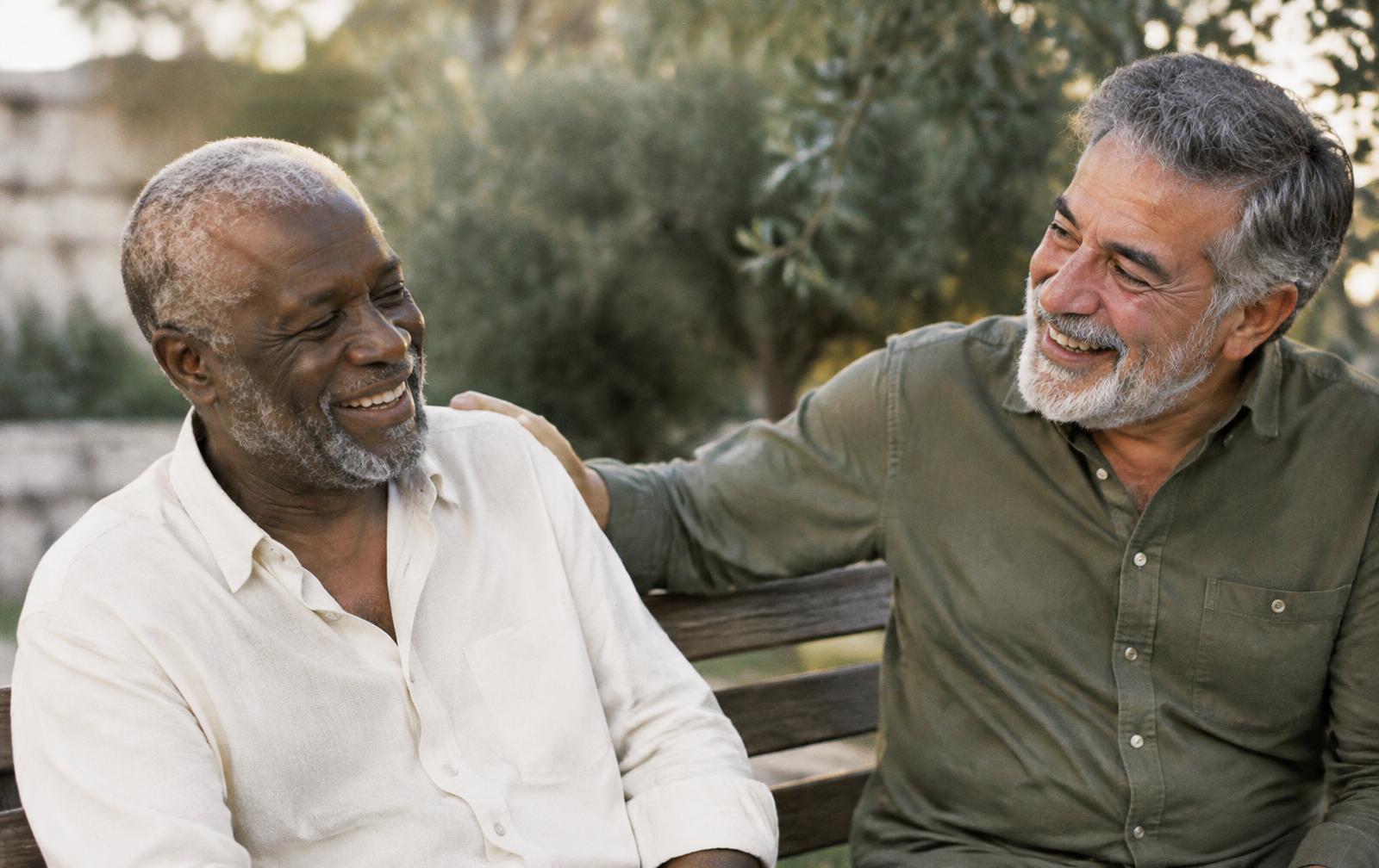 Two old friends laughing together on a bench, one hand resting on the other's shoulder