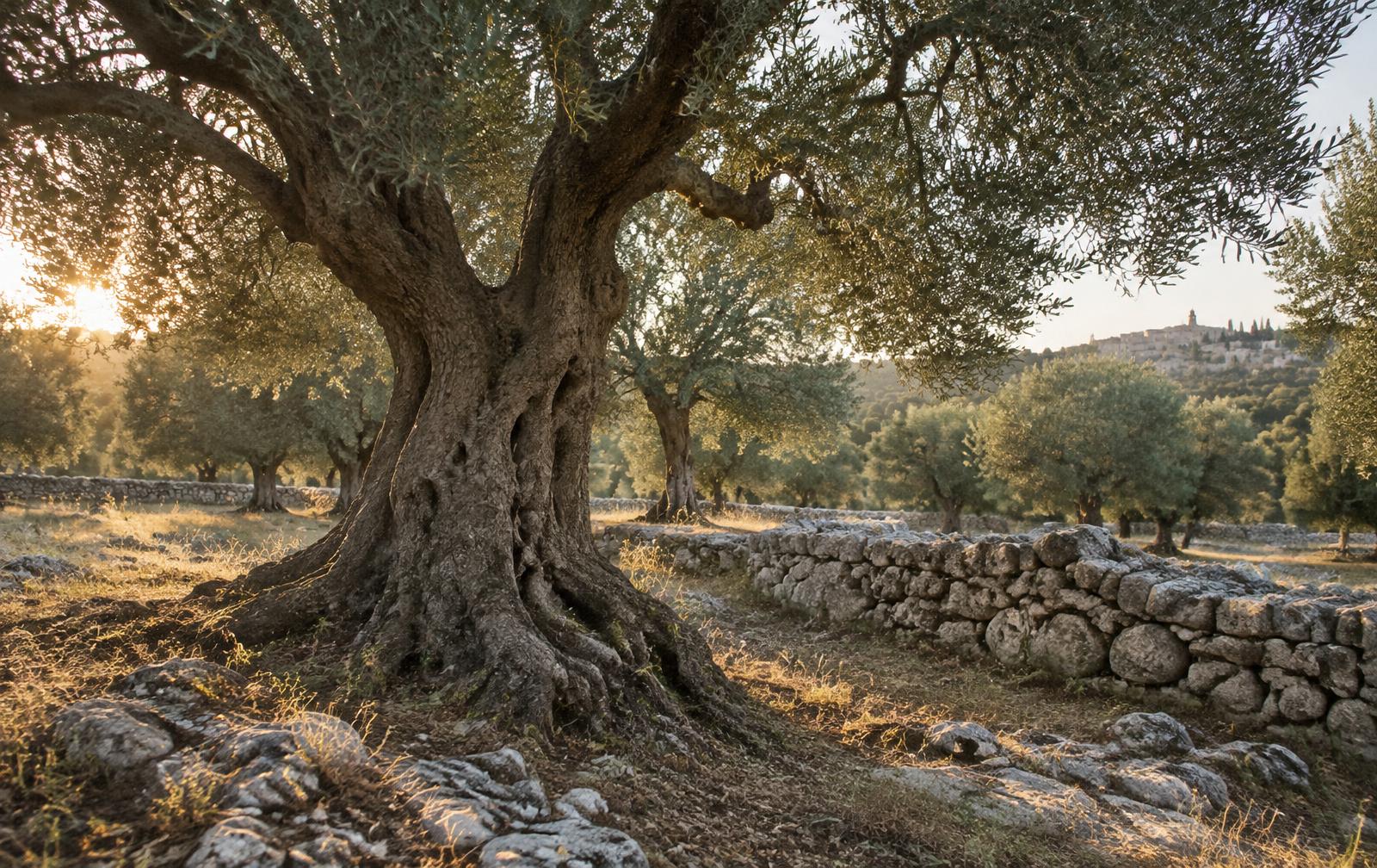 An ancient olive tree in a sunlit grove beside a dry stone wall